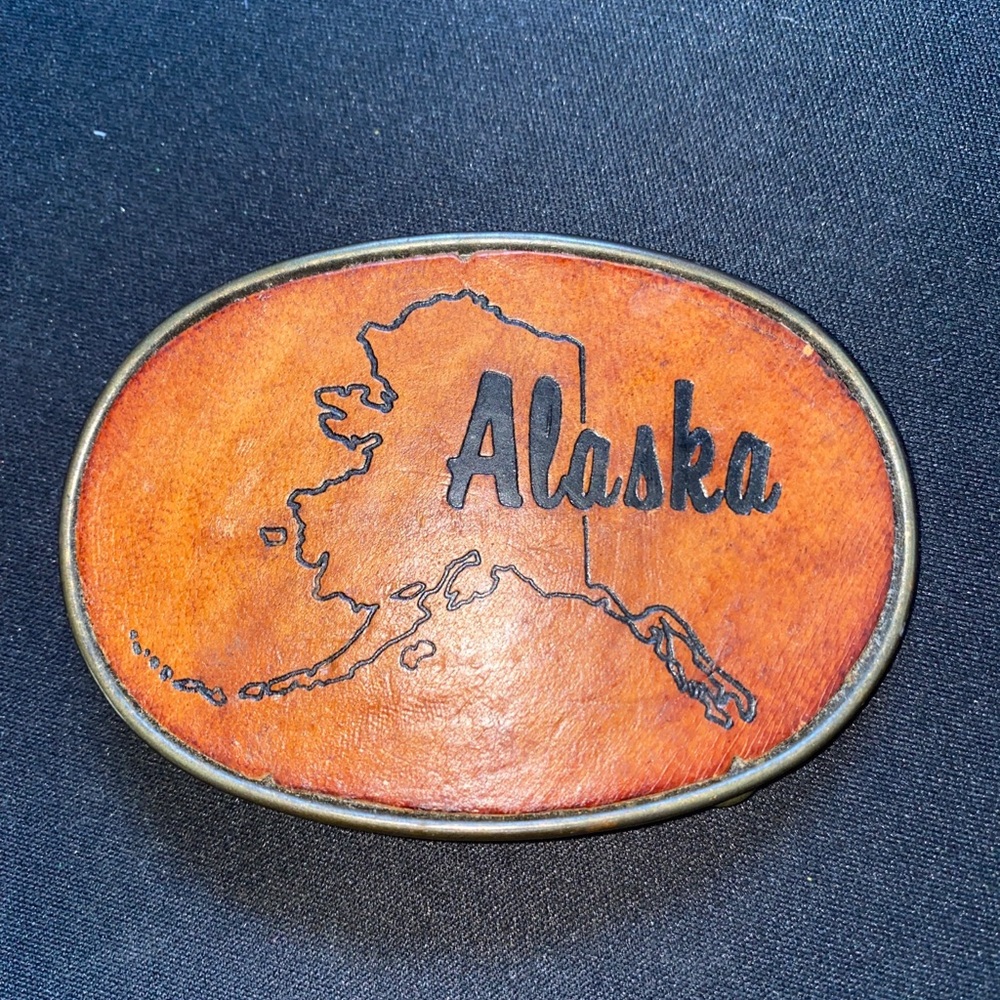 SWIB LEATHER BRASS ALASKA MAP BELT BUCKLE Embossed vintage